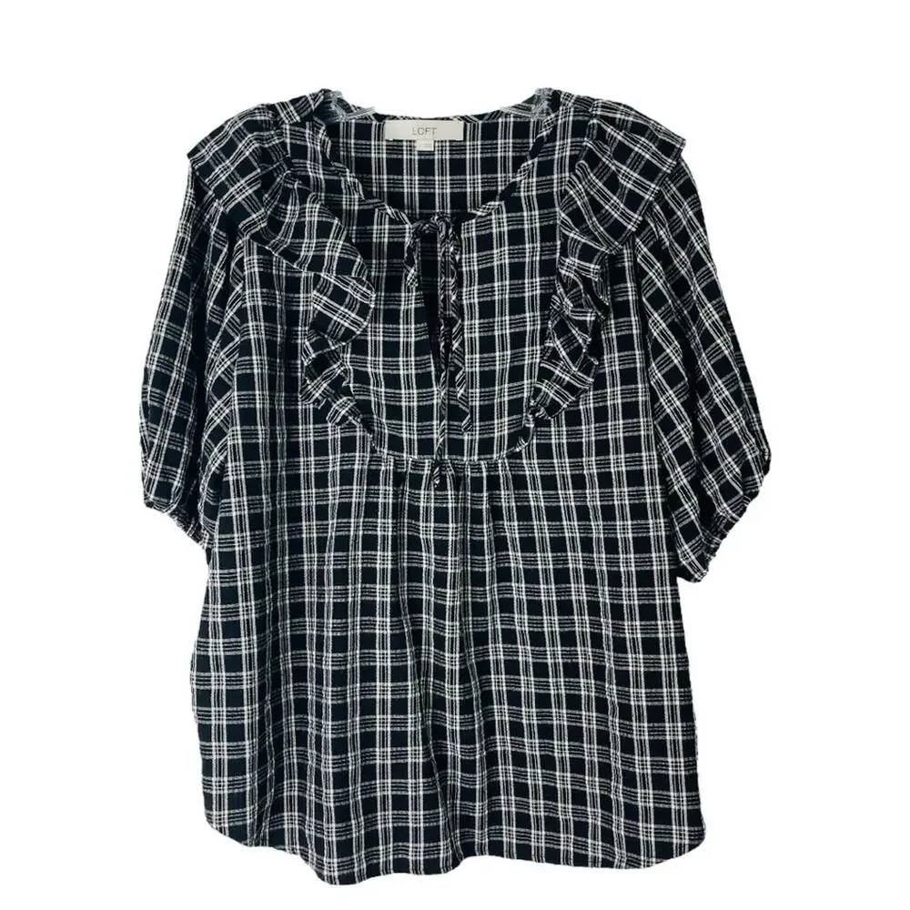 Loft black white plaid ruffle preppy cottagecore popover top large